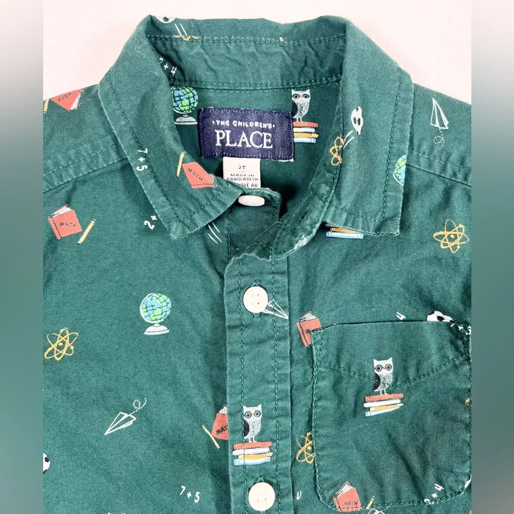 THE CHILDRENS PLACE Boys Doodle Poplin Button Up‎ Shirt 2T Back to School Green